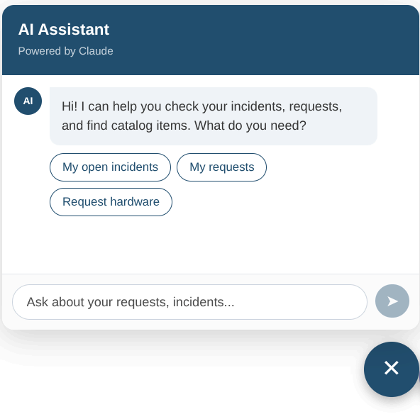 AI Assistant chat widget with quick-reply buttons for incidents, requests, and hardware