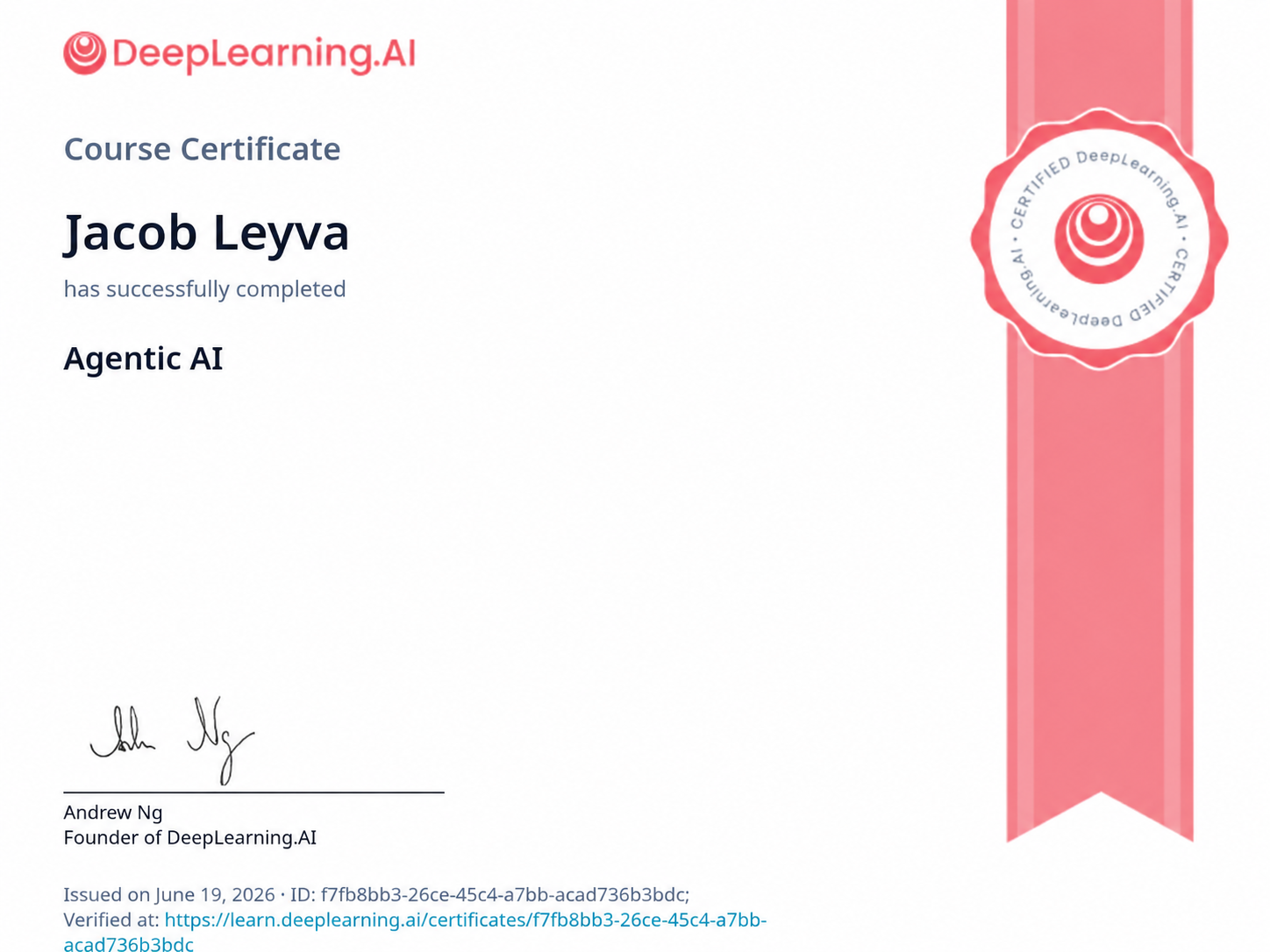 DeepLearning.AI Agentic AI certificate awarded to Jacob Leyva